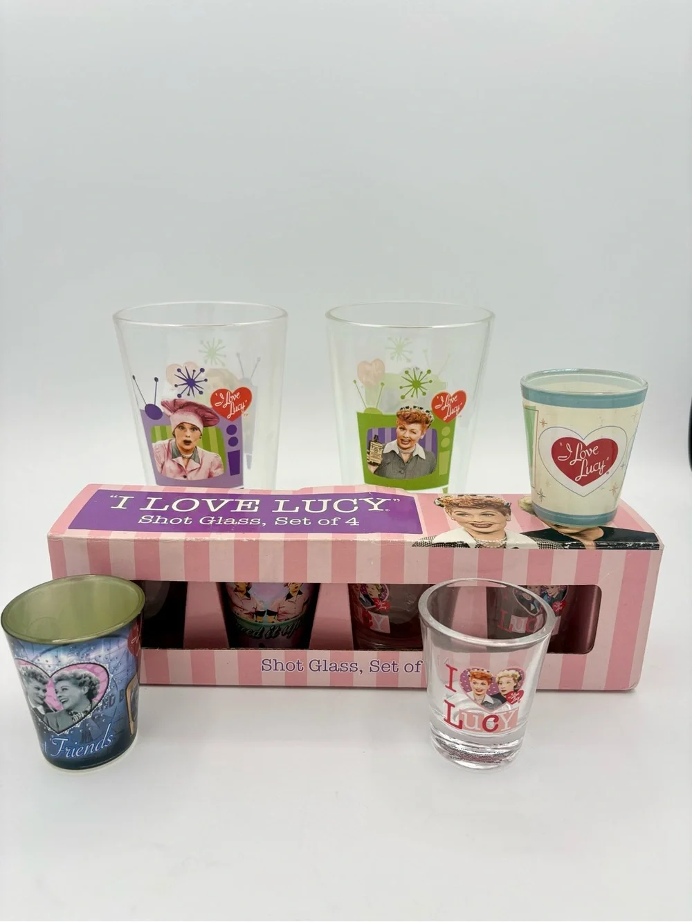 I Love LUCY Set of 2 16 OZ GLASSES and 7 Shot Glasses New Never Used Kitchen